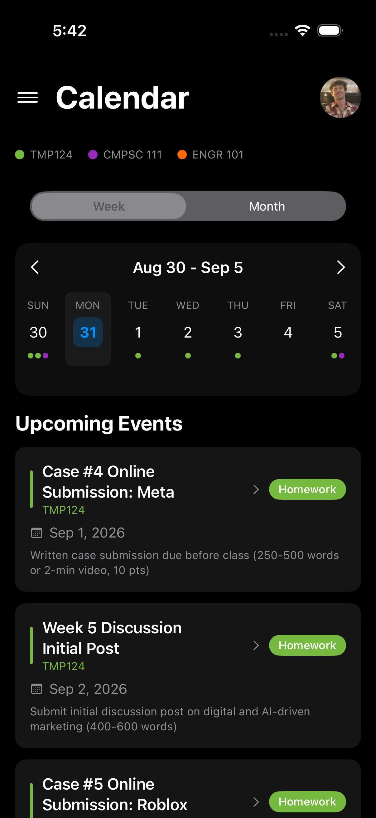 Plannr's calendar view: a week grid with color-coded events across three classes and a list of upcoming assignments below it.