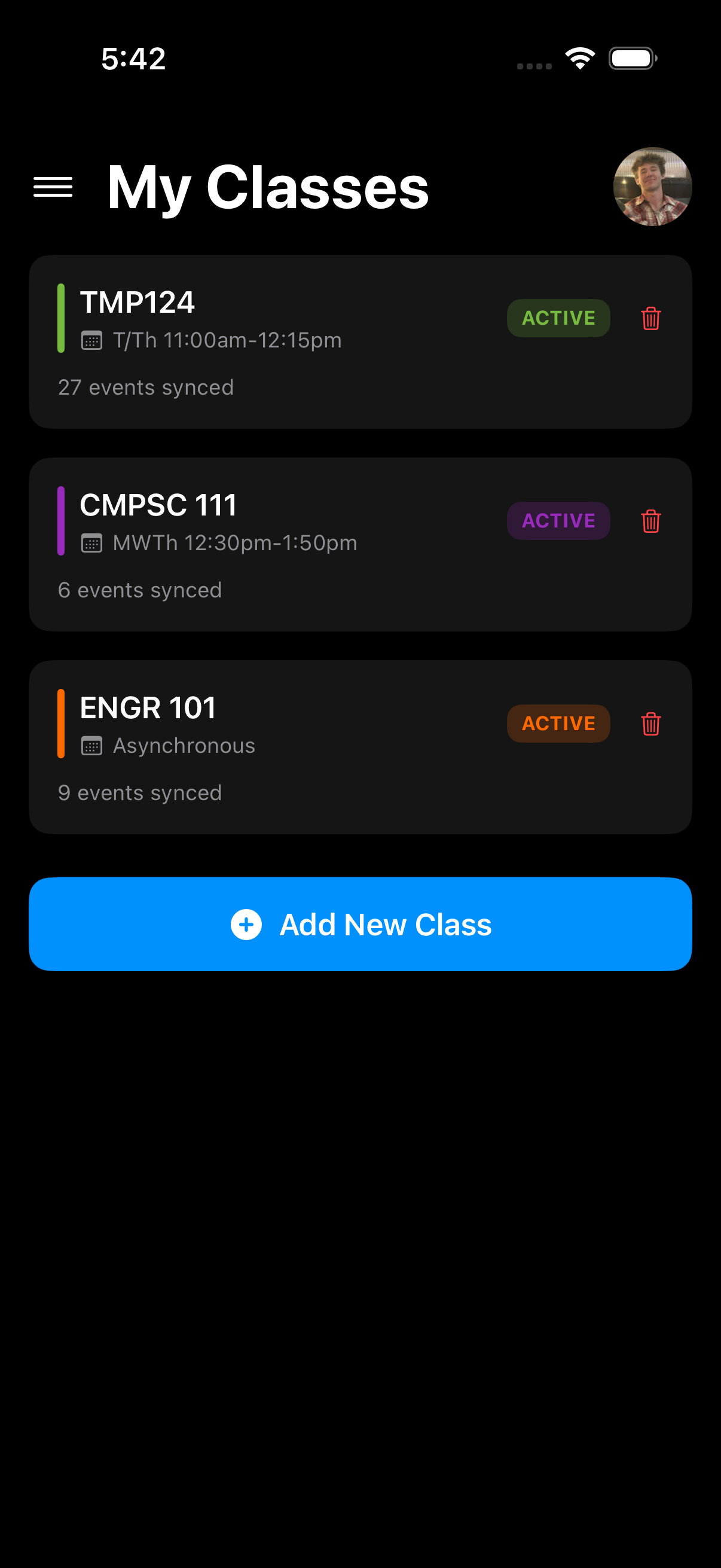 Plannr's My Classes screen: a list of courses, each with a color bar, meeting time, active status, and a count of events synced.