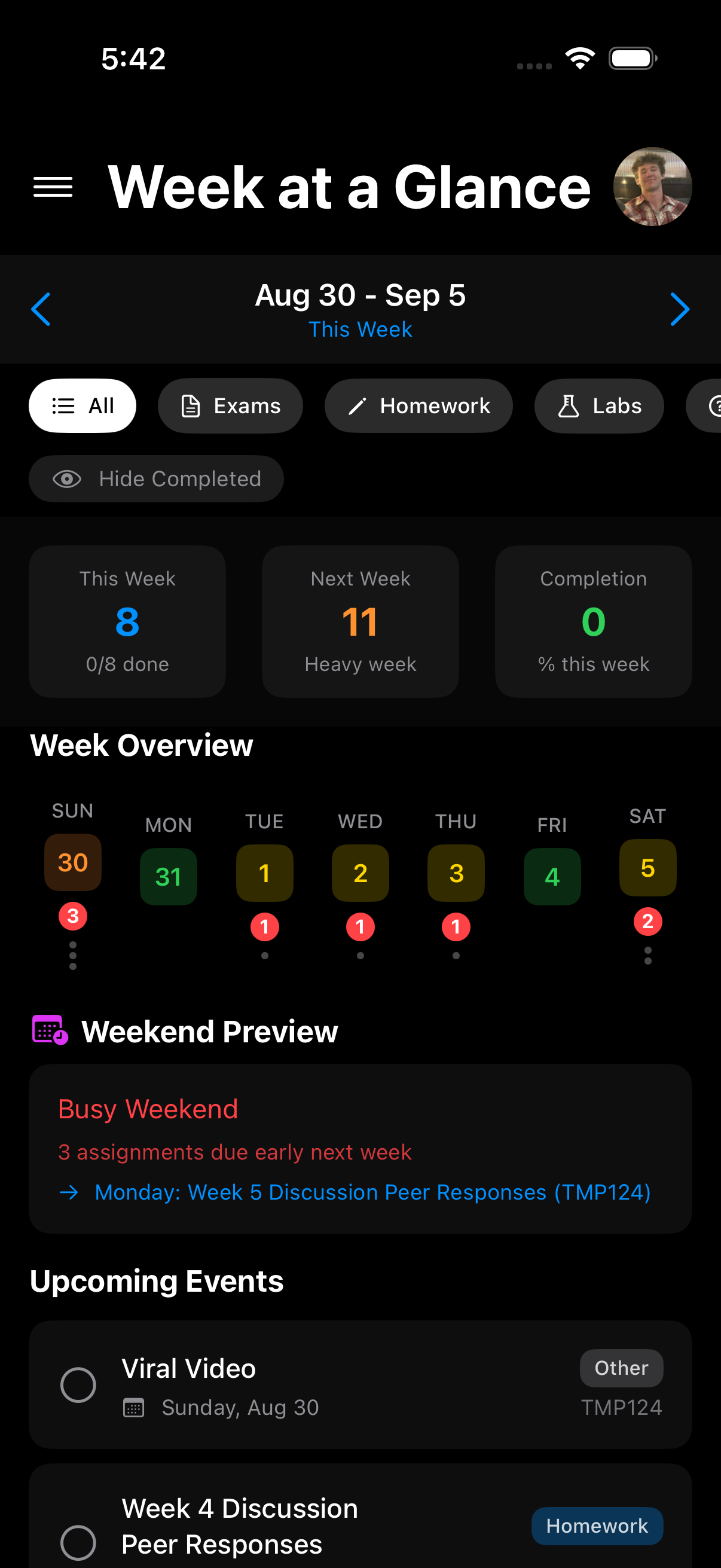 Plannr's Week at a Glance screen: counts for this week and next, a per-day overview, and a weekend preview.